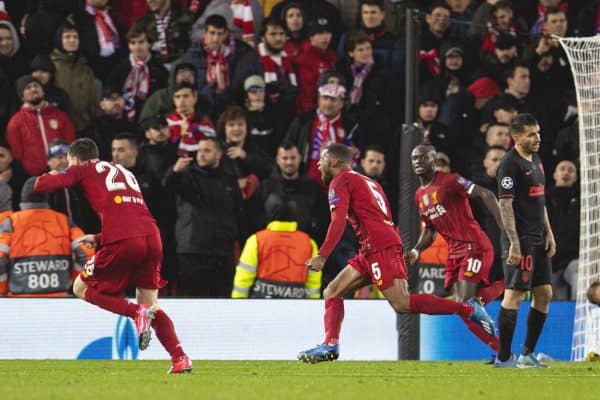 LIVERPOOL, ENGLAND - Wednesday, March 11, 2020: Liverpool's Georginio Wijnaldum celebrates scoring the first goal during the UEFA Champions League Round of 16 2nd Leg match between Liverpool FC and Club Atlético de Madrid at Anfield. (Pic by David Rawcliffe/Propaganda)