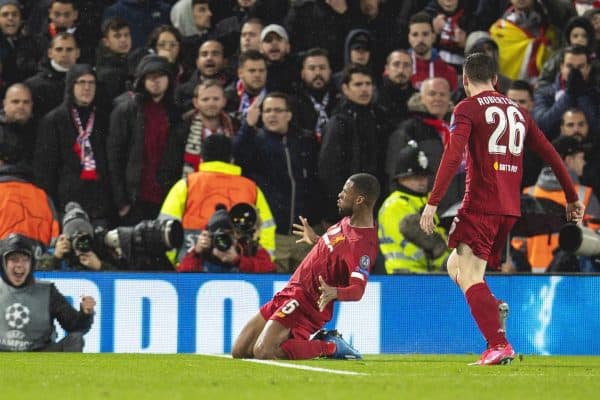 LIVERPOOL, ENGLAND - Wednesday, March 11, 2020: Liverpool's Georginio Wijnaldum celebrates scoring the first goal during the UEFA Champions League Round of 16 2nd Leg match between Liverpool FC and Club Atlético de Madrid at Anfield. (Pic by David Rawcliffe/Propaganda)