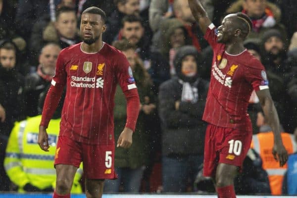 LIVERPOOL, ENGLAND - Wednesday, March 11, 2020: Liverpool's Georginio Wijnaldum celebrates scoring the first goal during the UEFA Champions League Round of 16 2nd Leg match between Liverpool FC and Club Atlético de Madrid at Anfield. (Pic by David Rawcliffe/Propaganda)