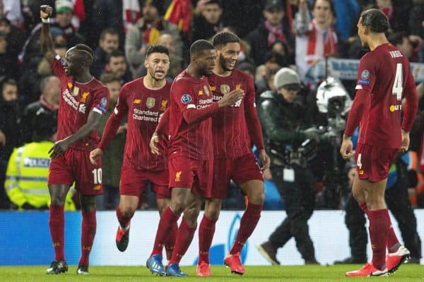 LIVERPOOL, ENGLAND - Wednesday, March 11, 2020: Liverpool's Georginio Wijnaldum celebrates scoring the first goal during the UEFA Champions League Round of 16 2nd Leg match between Liverpool FC and Club Atlético de Madrid at Anfield. (Pic by David Rawcliffe/Propaganda)