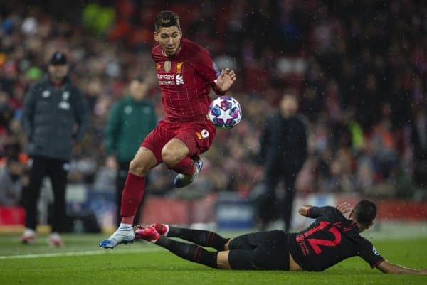 LIVERPOOL, ENGLAND - Wednesday, March 11, 2020: Liverpool's Roberto Firmino during the UEFA Champions League Round of 16 2nd Leg match between Liverpool FC and Club Atlético de Madrid at Anfield. (Pic by David Rawcliffe/Propaganda)