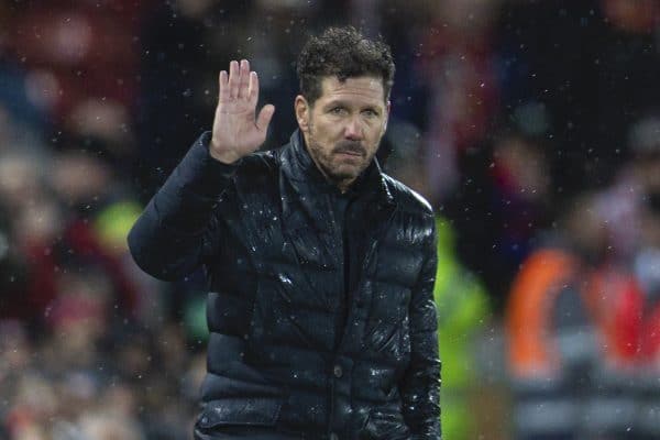 LIVERPOOL, ENGLAND - Wednesday, March 11, 2020: Club Atlético de Madrid's head coach Diego Simeone during the UEFA Champions League Round of 16 2nd Leg match between Liverpool FC and Club Atlético de Madrid at Anfield. (Pic by David Rawcliffe/Propaganda)