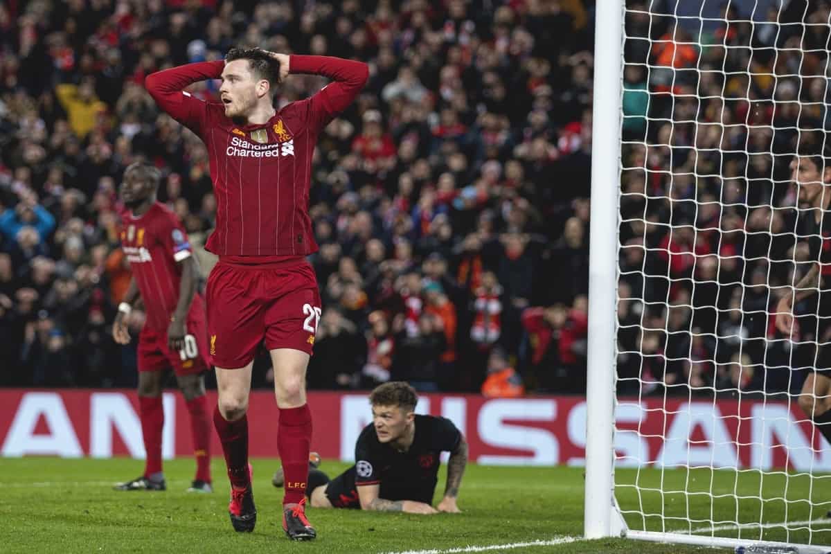 LIVERPOOL, ENGLAND - Wednesday, March 11, 2020: Liverpool's Andy Robertson looks dejected during the UEFA Champions League Round of 16 2nd Leg match between Liverpool FC and Club Atlético de Madrid at Anfield. (Pic by David Rawcliffe/Propaganda)