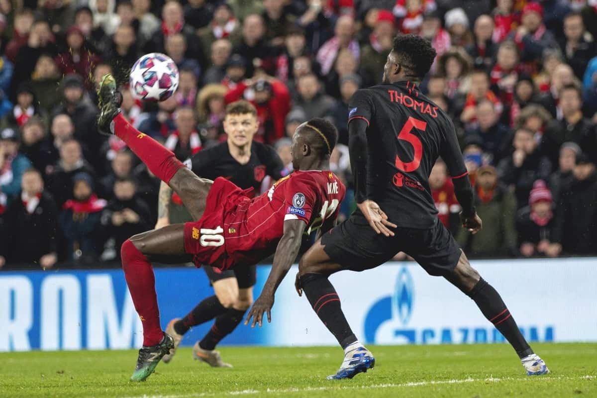 LIVERPOOL, ENGLAND - Wednesday, March 11, 2020: Liverpool's Sadio Mané shoots during the UEFA Champions League Round of 16 2nd Leg match between Liverpool FC and Club Atlético de Madrid at Anfield. (Pic by David Rawcliffe/Propaganda)