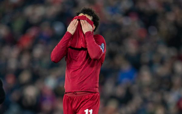 LIVERPOOL, ENGLAND - Wednesday, March 11, 2020: Liverpool's Mohamed Salah looks dejected during the UEFA Champions League Round of 16 2nd Leg match between Liverpool FC and Club Atlético de Madrid at Anfield. (Pic by David Rawcliffe/Propaganda)