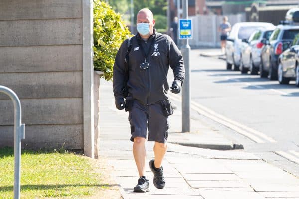 LIVERPOOL, ENGLAND - Wednesday, May 20, 2020: A member of Liverpool's staff arrives at the club's Melwood Training Ground as the players return to training ahead of a planned restart of the Premier League during the Coronavirus pandemic. (Pic by David Rawcliffe/Propaganda)