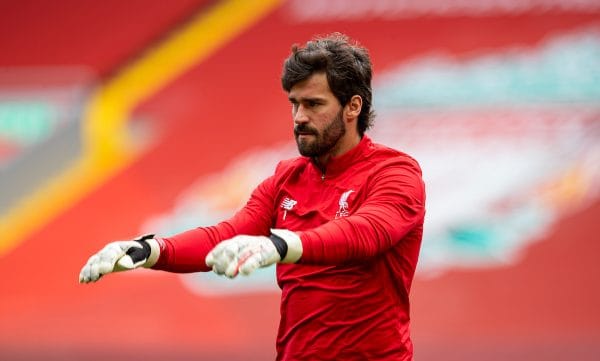 LIVERPOOL, ENGLAND - Sunday, July 5, 2020: Liverpool’s goalkeeper Alisson Becker during the pre-match warm-up before the FA Premier League match between Liverpool FC and Aston Villa FC at Anfield. The game was played behind closed doors due to the UK government’s social distancing laws during the Coronavirus COVID-19 Pandemic. (Pic by David Rawcliffe/Propaganda)