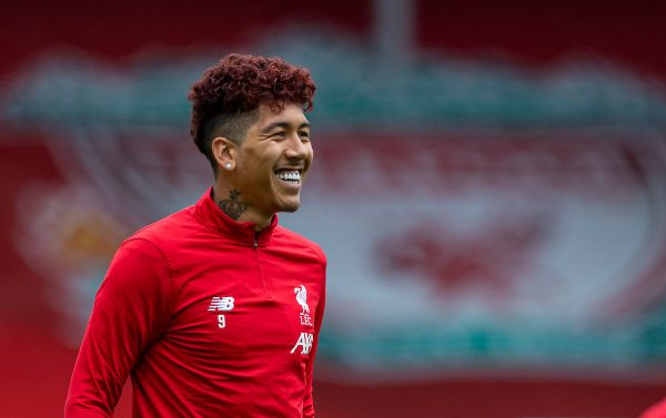 LIVERPOOL, ENGLAND - Sunday, July 5, 2020: Liverpool’s Roberto Firmino, with dyed red hair, during the pre-match warm-up before the pre-match warm-up before the FA Premier League match between Liverpool FC and Aston Villa FC at Anfield. The game was played behind closed doors due to the UK government’s social distancing laws during the Coronavirus COVID-19 Pandemic. (Pic by David Rawcliffe/Propaganda)