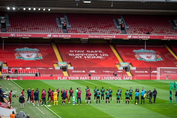 LIVERPOOL, ENGLAND - Sunday, July 5, 2020: Aston Villa players give Liverpool players a guard of honour before the FA Premier League match between Liverpool FC and Aston Villa FC at Anfield. The game was played behind closed doors due to the UK government’s social distancing laws during the Coronavirus COVID-19 Pandemic. (Pic by David Rawcliffe/Propaganda)