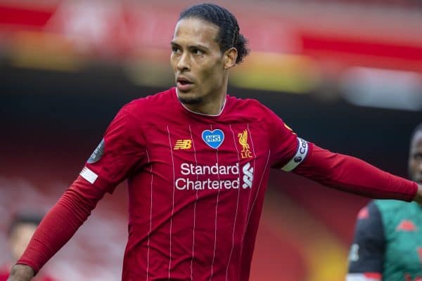 LIVERPOOL, ENGLAND - Sunday, July 5, 2020: Liverpool’s Virgil van Dijk during the FA Premier League match between Liverpool FC and Aston Villa FC at Anfield. The game was played behind closed doors due to the UK government’s social distancing laws during the Coronavirus COVID-19 Pandemic. (Pic by David Rawcliffe/Propaganda)