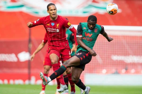 LIVERPOOL, ENGLAND - Sunday, July 5, 2020: Liverpool’s Virgil van Dijk during the FA Premier League match between Liverpool FC and Aston Villa FC at Anfield. The game was played behind closed doors due to the UK government’s social distancing laws during the Coronavirus COVID-19 Pandemic. (Pic by David Rawcliffe/Propaganda)