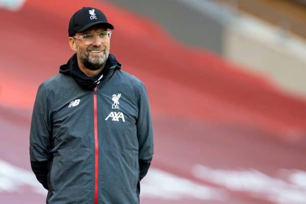 LIVERPOOL, ENGLAND - Sunday, July 5, 2020: Liverpool’s manager Jürgen Klopp during the FA Premier League match between Liverpool FC and Aston Villa FC at Anfield. The game was played behind closed doors due to the UK government’s social distancing laws during the Coronavirus COVID-19 Pandemic. (Pic by David Rawcliffe/Propaganda)