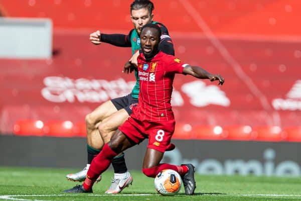 LIVERPOOL, ENGLAND - Sunday, July 5, 2020: Liverpool’s Naby Keita gets away from Aston Villa's captain Jack Grealish during the FA Premier League match between Liverpool FC and Aston Villa FC at Anfield. The game was played behind closed doors due to the UK government’s social distancing laws during the Coronavirus COVID-19 Pandemic. (Pic by David Rawcliffe/Propaganda)