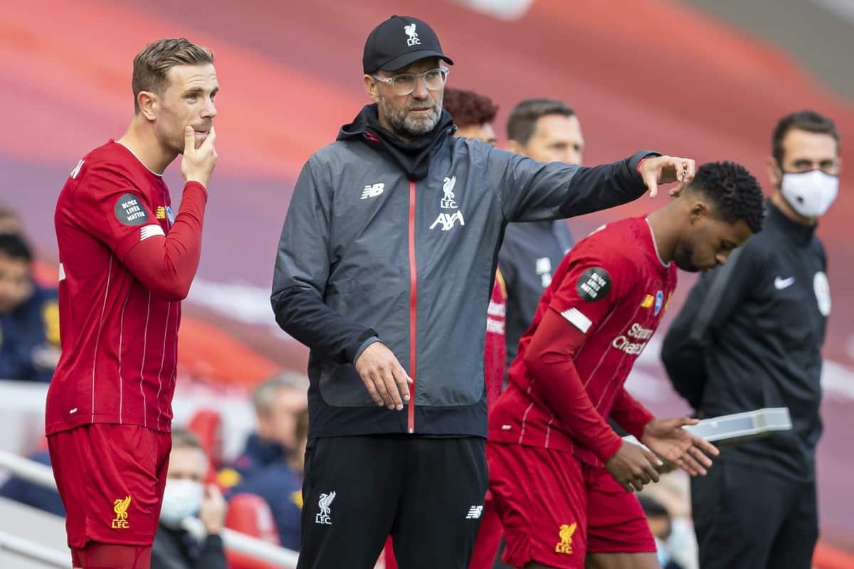 LIVERPOOL, ENGLAND - Sunday, July 5, 2020: Liverpool’s manager Jürgen Klopp prepares to bring on substitute Jordan Henderson during the FA Premier League match between Liverpool FC and Aston Villa FC at Anfield. The game was played behind closed doors due to the UK government’s social distancing laws during the Coronavirus COVID-19 Pandemic. (Pic by David Rawcliffe/Propaganda)