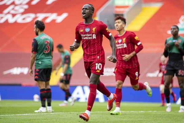 LIVERPOOL, ENGLAND - Sunday, July 5, 2020: Liverpool’s Sadio Mane during the FA Premier League match between Liverpool FC and Aston Villa FC at Anfield. The game was played behind closed doors due to the UK government’s social distancing laws during the Coronavirus COVID-19 Pandemic. (Pic by David Rawcliffe/Propaganda)