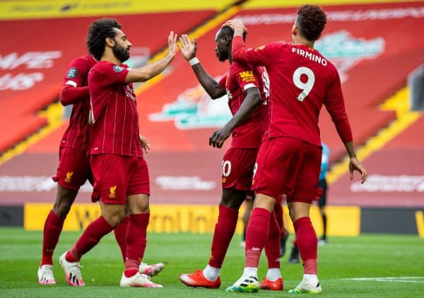 LIVERPOOL, ENGLAND - Sunday, July 5, 2020: Liverpool’s Sadio Mané (C) celebrates scoring the first goal with team-mates Mohamed Salah (L) and Roberto Firmino (R) during the FA Premier League match between Liverpool FC and Aston Villa FC at Anfield. The game was played behind closed doors due to the UK government’s social distancing laws during the Coronavirus COVID-19 Pandemic. (Pic by David Rawcliffe/Propaganda)