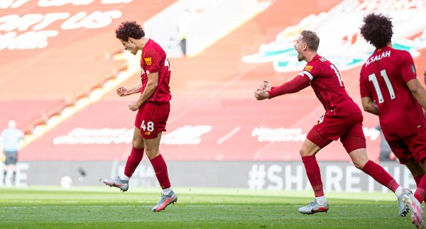 LIVERPOOL, ENGLAND - Sunday, July 5, 2020: Liverpool’s Curtis Jones celebrates scoring the second goal during the FA Premier League match between Liverpool FC and Aston Villa FC at Anfield. The game was played behind closed doors due to the UK government’s social distancing laws during the Coronavirus COVID-19 Pandemic. (Pic by David Rawcliffe/Propaganda)