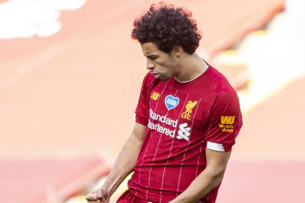 LIVERPOOL, ENGLAND - Sunday, July 5, 2020: Liverpool’s Curtis Jones celebrates scoring the second goal during the FA Premier League match between Liverpool FC and Aston Villa FC at Anfield. The game was played behind closed doors due to the UK government’s social distancing laws during the Coronavirus COVID-19 Pandemic. (Pic by David Rawcliffe/Propaganda)