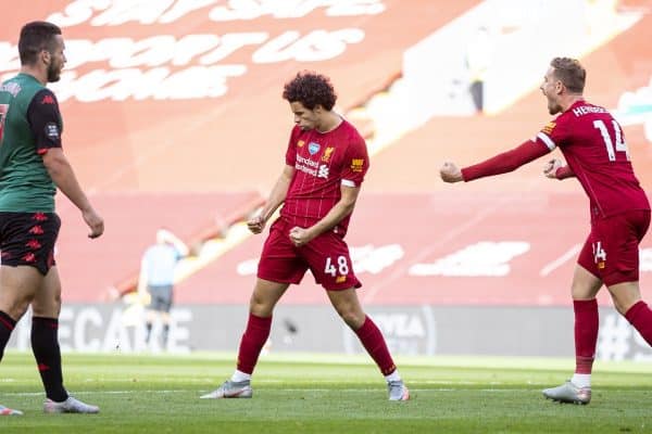 LIVERPOOL, ENGLAND - Sunday, July 5, 2020: Liverpool’s Curtis Jones celebrates scoring the second goal during the FA Premier League match between Liverpool FC and Aston Villa FC at Anfield. The game was played behind closed doors due to the UK government’s social distancing laws during the Coronavirus COVID-19 Pandemic. (Pic by David Rawcliffe/Propaganda)