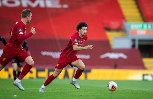 LIVERPOOL, ENGLAND - Sunday, July 5, 2020: Liverpool’s Curtis Jones during the FA Premier League match between Liverpool FC and Aston Villa FC at Anfield. The game was played behind closed doors due to the UK government’s social distancing laws during the Coronavirus COVID-19 Pandemic. (Pic by David Rawcliffe/Propaganda)