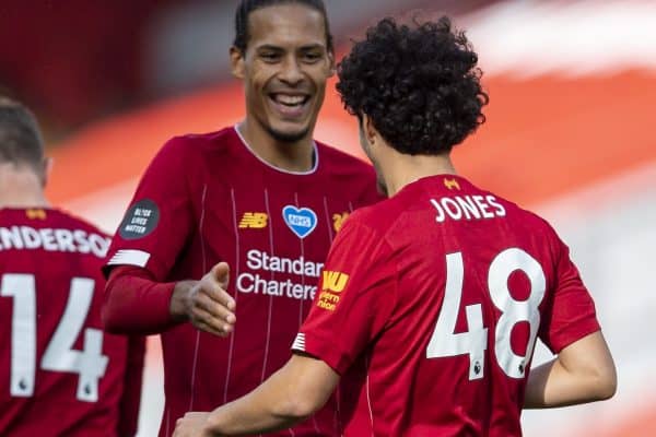 LIVERPOOL, ENGLAND - Sunday, July 5, 2020: Liverpool’s Curtis Jones (#48) celebrates scoring the second goal with team-mate Virgil van Dijk during the FA Premier League match between Liverpool FC and Aston Villa FC at Anfield. The game was played behind closed doors due to the UK government’s social distancing laws during the Coronavirus COVID-19 Pandemic. (Pic by David Rawcliffe/Propaganda)