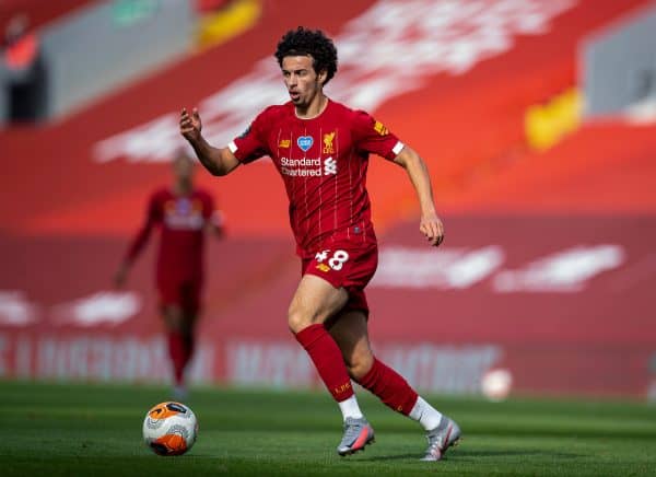 LIVERPOOL, ENGLAND - Sunday, July 5, 2020: Liverpool’s Curtis Jones during the FA Premier League match between Liverpool FC and Aston Villa FC at Anfield. The game was played behind closed doors due to the UK government’s social distancing laws during the Coronavirus COVID-19 Pandemic. (Pic by David Rawcliffe/Propaganda)