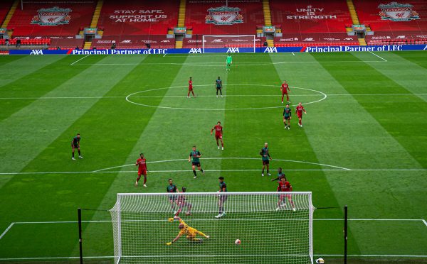 LIVERPOOL, ENGLAND - Sunday, July 5, 2020: Liverpool’s Sadio Mané scores the first goal during the FA Premier League match between Liverpool FC and Aston Villa FC at Anfield. The game was played behind closed doors due to the UK government’s social distancing laws during the Coronavirus COVID-19 Pandemic. (Pic by David Rawcliffe/Propaganda)