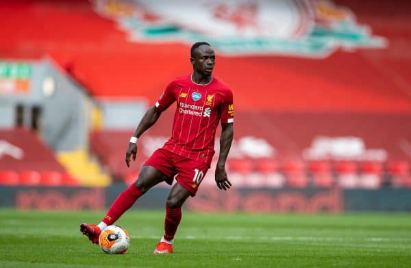 LIVERPOOL, ENGLAND - Sunday, July 5, 2020: Liverpool’s Sadio Mané during the FA Premier League match between Liverpool FC and Aston Villa FC at Anfield. The game was played behind closed doors due to the UK government’s social distancing laws during the Coronavirus COVID-19 Pandemic. (Pic by David Rawcliffe/Propaganda)