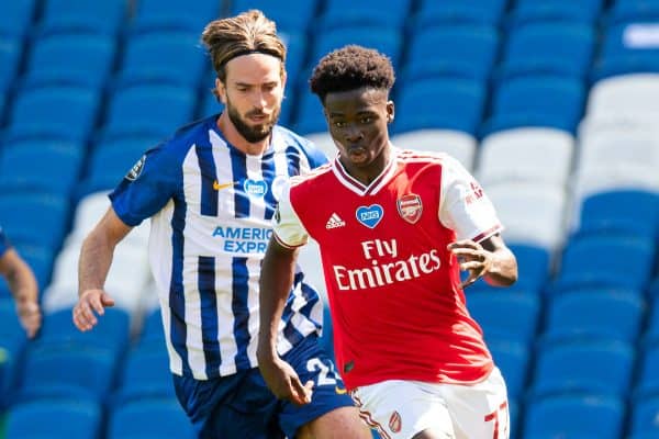 BRIGHTON & HOVE, ENGLAND - Saturday, June 20, 2020: Arsenal's Bukayo Saka during the FA Premier League match between Brighton & Hove Albion FC and Arsenal FC at the AMEX Stadium. (Pic by David Rawcliffe/Propaganda)