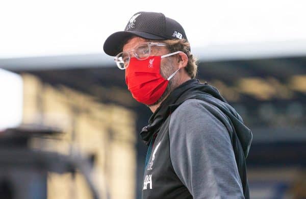 LIVERPOOL, ENGLAND - Sunday, June 21, 2019: Liverpool’s manager Jürgen Klopp arrives at the stadium wearing a red face mask before the FA Premier League match between Everton FC and Liverpool FC, the 236th Merseyside Derby, at Goodison Park. The game was played behind closed doors due to the UK government’s social distancing laws during the Coronavirus COVID-19 Pandemic. (Pic by David Rawcliffe/Propaganda)