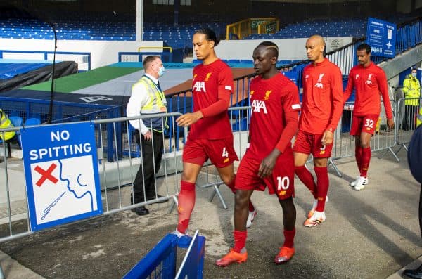 LIVERPOOL, ENGLAND - Sunday, June 21, 2019: Liverpool’s Virgil van Dijk, Sadio Mané and Fabio Henrique Tavares 'Fabinho' walk out before the FA Premier League match between Everton FC and Liverpool FC, the 236th Merseyside Derby, at Goodison Park. The game was played behind closed doors due to the UK government’s social distancing laws during the Coronavirus COVID-19 Pandemic. (Pic by David Rawcliffe/Propaganda)