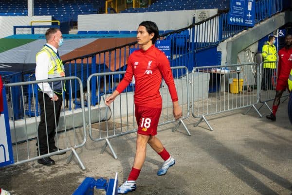 LIVERPOOL, ENGLAND - Sunday, June 21, 2019: Liverpool’s Takumi Minamino walks out before the FA Premier League match between Everton FC and Liverpool FC, the 236th Merseyside Derby, at Goodison Park. The game was played behind closed doors due to the UK government’s social distancing laws during the Coronavirus COVID-19 Pandemic. (Pic by David Rawcliffe/Propaganda)