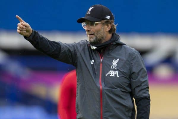 LIVERPOOL, ENGLAND - Sunday, June 21, 2019: Liverpool’s manager Jürgen Klopp during the pre-match warm-up before the FA Premier League match between Everton FC and Liverpool FC, the 236th Merseyside Derby, at Goodison Park. The game was played behind closed doors due to the UK government’s social distancing laws during the Coronavirus COVID-19 Pandemic. (Pic by David Rawcliffe/Propaganda)