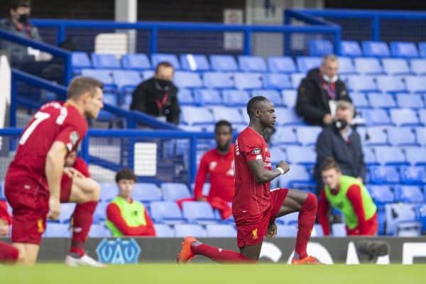 LIVERPOOL, ENGLAND - Sunday, June 21, 2019: Liverpool’s Sadio Mané knees down to support the Black Lives Matter movement during the FA Premier League match between Everton FC and Liverpool FC, the 236th Merseyside Derby, at Goodison Park. The game was played behind closed doors due to the UK government’s social distancing laws during the Coronavirus COVID-19 Pandemic. (Pic by David Rawcliffe/Propaganda)