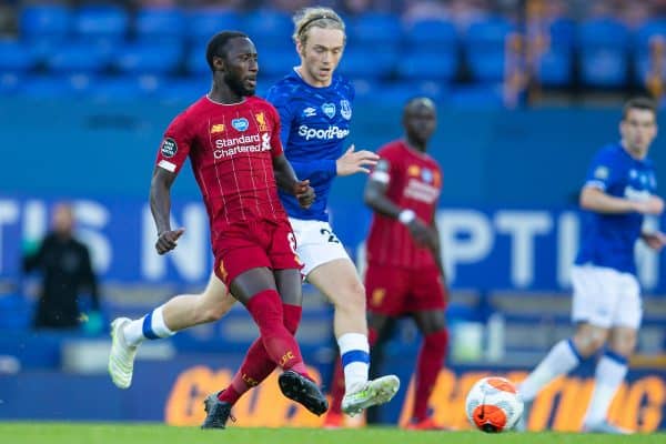 LIVERPOOL, ENGLAND - Sunday, June 21, 2019: Liverpool’s Naby Keita (L) and Everton's Tom Davies during the FA Premier League match between Everton FC and Liverpool FC, the 236th Merseyside Derby, at Goodison Park. The game was played behind closed doors due to the UK government’s social distancing laws during the Coronavirus COVID-19 Pandemic. (Pic by David Rawcliffe/Propaganda)