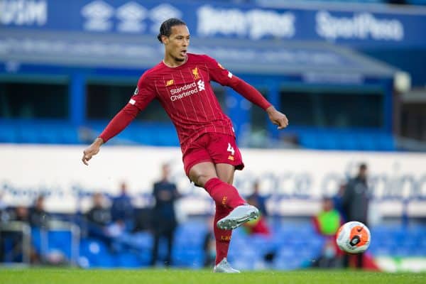 LIVERPOOL, ENGLAND - Sunday, June 21, 2019: Liverpool’s Virgil van Dijk during the FA Premier League match between Everton FC and Liverpool FC, the 236th Merseyside Derby, at Goodison Park. The game was played behind closed doors due to the UK government’s social distancing laws during the Coronavirus COVID-19 Pandemic. (Pic by David Rawcliffe/Propaganda)