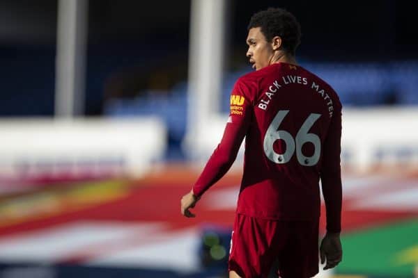 LIVERPOOL, ENGLAND - Sunday, June 21, 2019: Liverpool’s Trent Alexander-Arnold during the FA Premier League match between Everton FC and Liverpool FC, the 236th Merseyside Derby, at Goodison Park. The game was played behind closed doors due to the UK government’s social distancing laws during the Coronavirus COVID-19 Pandemic. (Pic by David Rawcliffe/Propaganda)