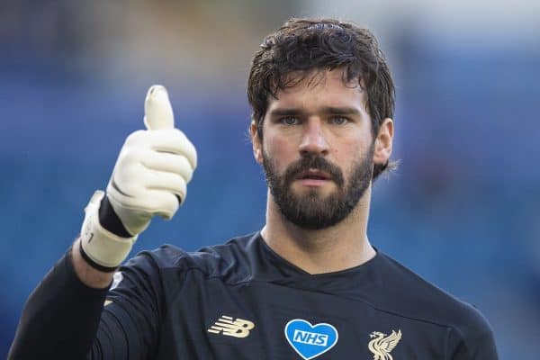 LIVERPOOL, ENGLAND - Sunday, June 21, 2019: Liverpool’s goalkeeper Alisson Becker during the FA Premier League match between Everton FC and Liverpool FC, the 236th Merseyside Derby, at Goodison Park. The game was played behind closed doors due to the UK government’s social distancing laws during the Coronavirus COVID-19 Pandemic. (Pic by David Rawcliffe/Propaganda)