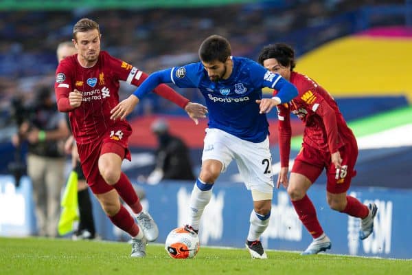 LIVERPOOL, ENGLAND - Sunday, June 21, 2019: Everton's André Gomes gets away from Liverpool's captain Jordan Henderson during the FA Premier League match between Everton FC and Liverpool FC, the 236th Merseyside Derby, at Goodison Park. The game was played behind closed doors due to the UK government’s social distancing laws during the Coronavirus COVID-19 Pandemic. (Pic by David Rawcliffe/Propaganda)