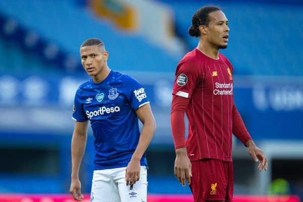 LIVERPOOL, ENGLAND - Sunday, June 21, 2019: Everton's Richarlison de Andrade (L) and Liverpool's Virgil van Dijk during the FA Premier League match between Everton FC and Liverpool FC, the 236th Merseyside Derby, at Goodison Park. The game was played behind closed doors due to the UK government’s social distancing laws during the Coronavirus COVID-19 Pandemic. (Pic by David Rawcliffe/Propaganda)