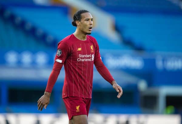 LIVERPOOL, ENGLAND - Sunday, June 21, 2019: Liverpool’s Virgil van Dijk during the FA Premier League match between Everton FC and Liverpool FC, the 236th Merseyside Derby, at Goodison Park. The game was played behind closed doors due to the UK government’s social distancing laws during the Coronavirus COVID-19 Pandemic. (Pic by David Rawcliffe/Propaganda)