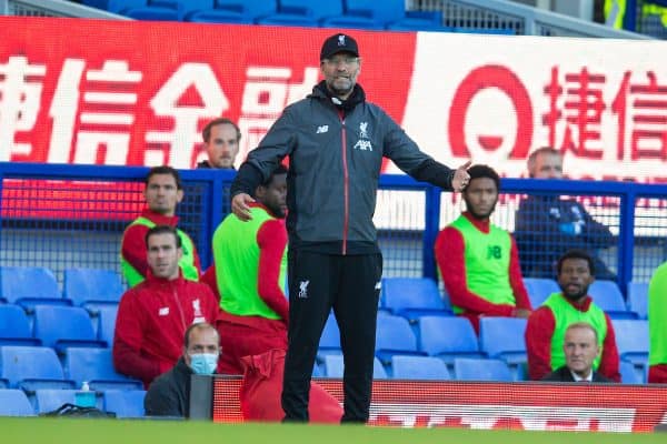 LIVERPOOL, ENGLAND - Sunday, June 21, 2019: Liverpool’s manager Jürgen Klopp reacts during the FA Premier League match between Everton FC and Liverpool FC, the 236th Merseyside Derby, at Goodison Park. The game was played behind closed doors due to the UK government’s social distancing laws during the Coronavirus COVID-19 Pandemic. (Pic by David Rawcliffe/Propaganda)