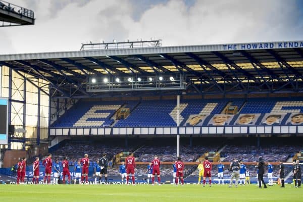 LIVERPOOL, ENGLAND - Sunday, June 21, 2019: Players stand for a moment's silence to remember the victims of the pandemic during the FA Premier League match between Everton FC and Liverpool FC, the 236th Merseyside Derby, at Goodison Park. The game was played behind closed doors due to the UK government’s social distancing laws during the Coronavirus COVID-19 Pandemic. (Pic by David Rawcliffe/Propaganda)