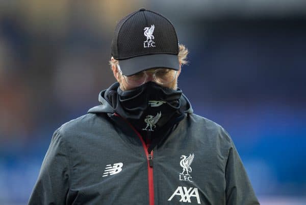 LIVERPOOL, ENGLAND - Sunday, June 21, 2019: Liverpool’s manager Jürgen Klopp walks off the pitch after the FA Premier League match between Everton FC and Liverpool FC, the 236th Merseyside Derby, at Goodison Park. The game was played behind closed doors due to the UK government’s social distancing laws during the Coronavirus COVID-19 Pandemic. The game ended in a goal-less draw. (Pic by David Rawcliffe/Propaganda)