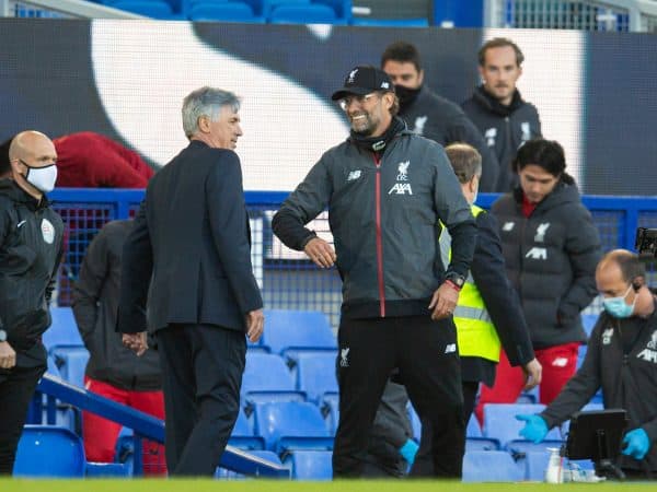 LIVERPOOL, ENGLAND - Sunday, June 21, 2019: Liverpool’s manager Jürgen Klopp (R) and Everton's manager Carlo Ancelotti after the FA Premier League match between Everton FC and Liverpool FC, the 236th Merseyside Derby, at Goodison Park. The game was played behind closed doors due to the UK government’s social distancing laws during the Coronavirus COVID-19 Pandemic. The game ended in a 0-0 draw. (Pic by David Rawcliffe/Propaganda)