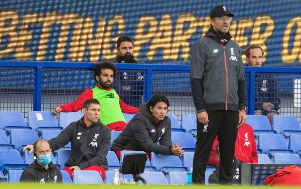 LIVERPOOL, ENGLAND - Sunday, June 21, 2019: Liverpool’s unused substitute Mohamed Salah with players who were substituted James Milner and Takumi Minamino during the FA Premier League match between Everton FC and Liverpool FC, the 236th Merseyside Derby, at Goodison Park. The game was played behind closed doors due to the UK government’s social distancing laws during the Coronavirus COVID-19 Pandemic. (Pic by David Rawcliffe/Propaganda)