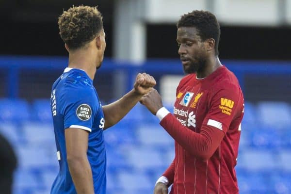 LIVERPOOL, ENGLAND - Sunday, June 21, 2019: Liverpool’s Divock Origi and Everton's Mason Holgate after the FA Premier League match between Everton FC and Liverpool FC, the 236th Merseyside Derby, at Goodison Park. The game was played behind closed doors due to the UK government’s social distancing laws during the Coronavirus COVID-19 Pandemic. (Pic by David Rawcliffe/Propaganda)