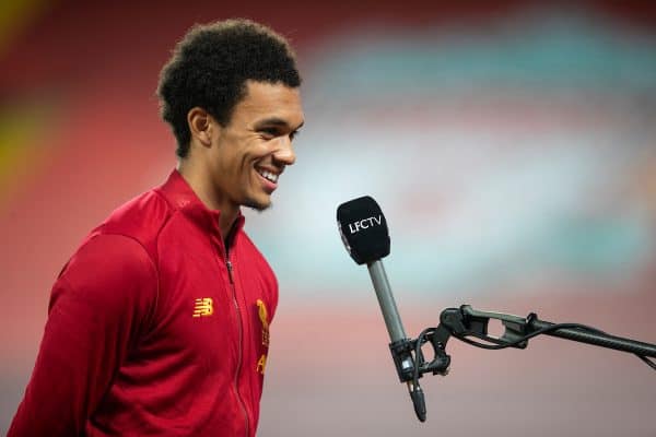 LIVERPOOL, ENGLAND - Wednesday, June 24, 2020: Liverpool’s goal-scorer Trent Alexander-Arnold is interviewed by LFC.TV after the FA Premier League match between Liverpool FC and Crystal Palace FC at Anfield. Liverpool won 4-0. The game was played behind closed doors due to the UK government’s social distancing laws during the Coronavirus COVID-19 Pandemic. (Pic by David Rawcliffe/Propaganda)