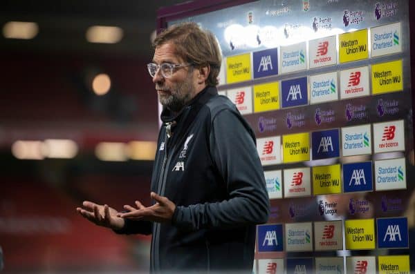 LIVERPOOL, ENGLAND - Wednesday, June 24, 2020: Liverpool’s manager Jürgen Klopp is interviewed after the FA Premier League match between Liverpool FC and Crystal Palace FC at Anfield. Liverpool won 4-0. The game was played behind closed doors due to the UK government’s social distancing laws during the Coronavirus COVID-19 Pandemic. (Pic by David Rawcliffe/Propaganda)