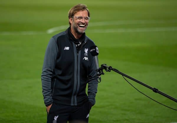 LIVERPOOL, ENGLAND - Wednesday, June 24, 2020: Liverpool’s manager Jürgen Klopp is interviewed by LFC.TV after the FA Premier League match between Liverpool FC and Crystal Palace FC at Anfield. Liverpool won 4-0. The game was played behind closed doors due to the UK government’s social distancing laws during the Coronavirus COVID-19 Pandemic. (Pic by David Rawcliffe/Propaganda)